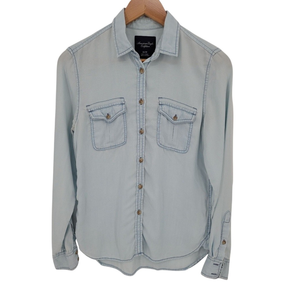 American Eagle Chambray Button Shirt Top Womens Size XS Light Blue Denim Western